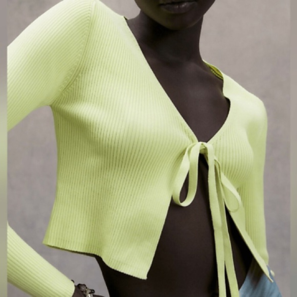 Zara light green knit tie cardigan